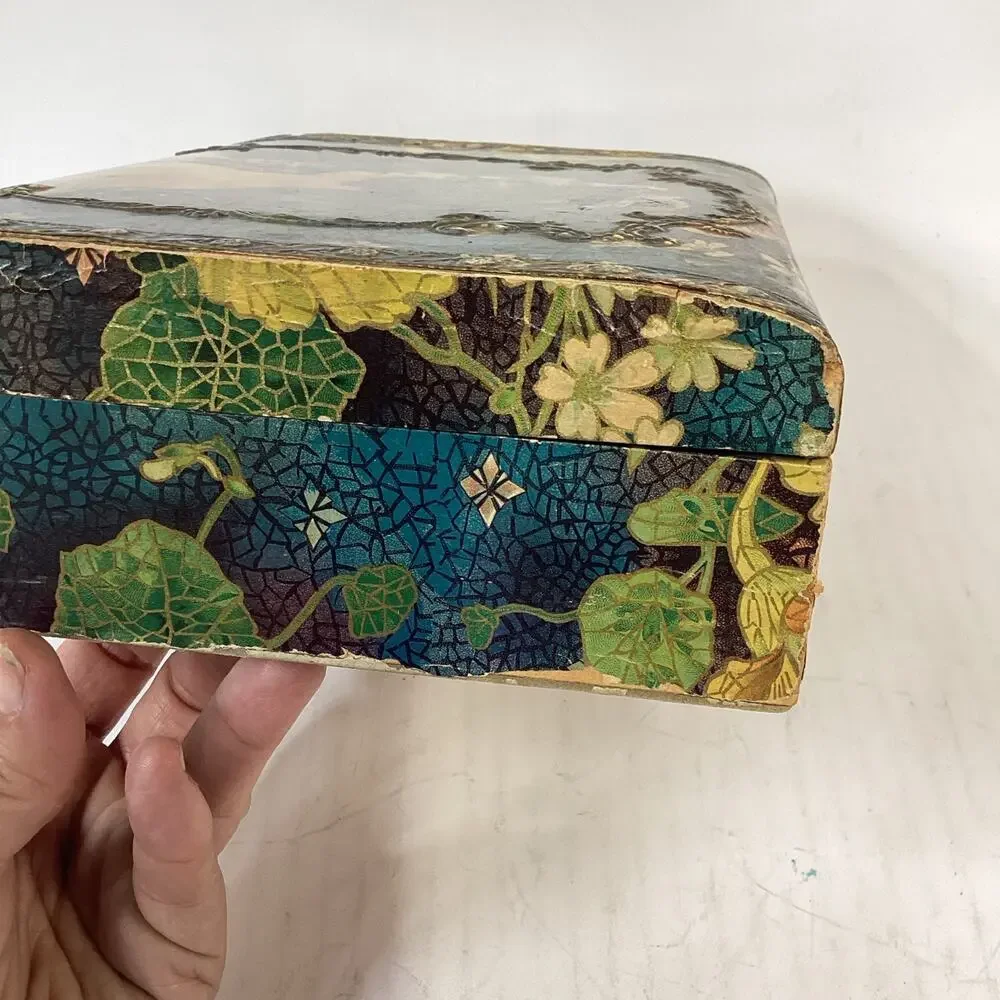 Antique 1900’s Edwardian Lithograph Wooden Jewelry Box W/ Lined Satin - Read